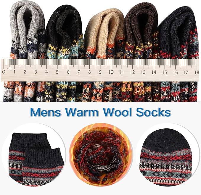 Heatuff Men's Winter Wool Socks Thermal Warm Soft Crew Socks (5 Pairs)