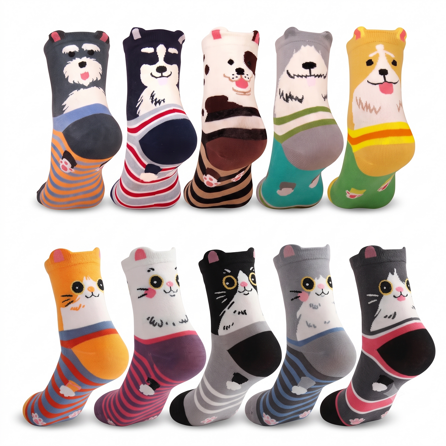 Heatuff 10 Pairs Womens Cute Socks, Cotton Crew Socks Cat Dog Cartoon Animal Print, Funny Novelty Soft Socks for Women Girl Gift