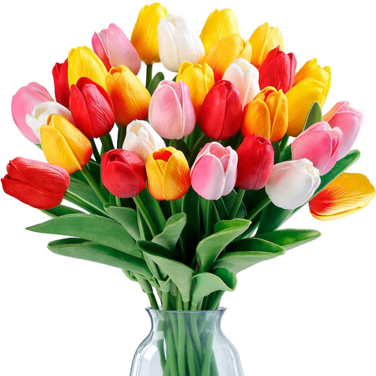 TieaTize 30 PCS Artificial Flowers Fake Tulips, Real Touch PU Faux Flower, Realistic Tulip Stems for Wedding Festival Party, Bouquet Floral for Office Indoor Decorations