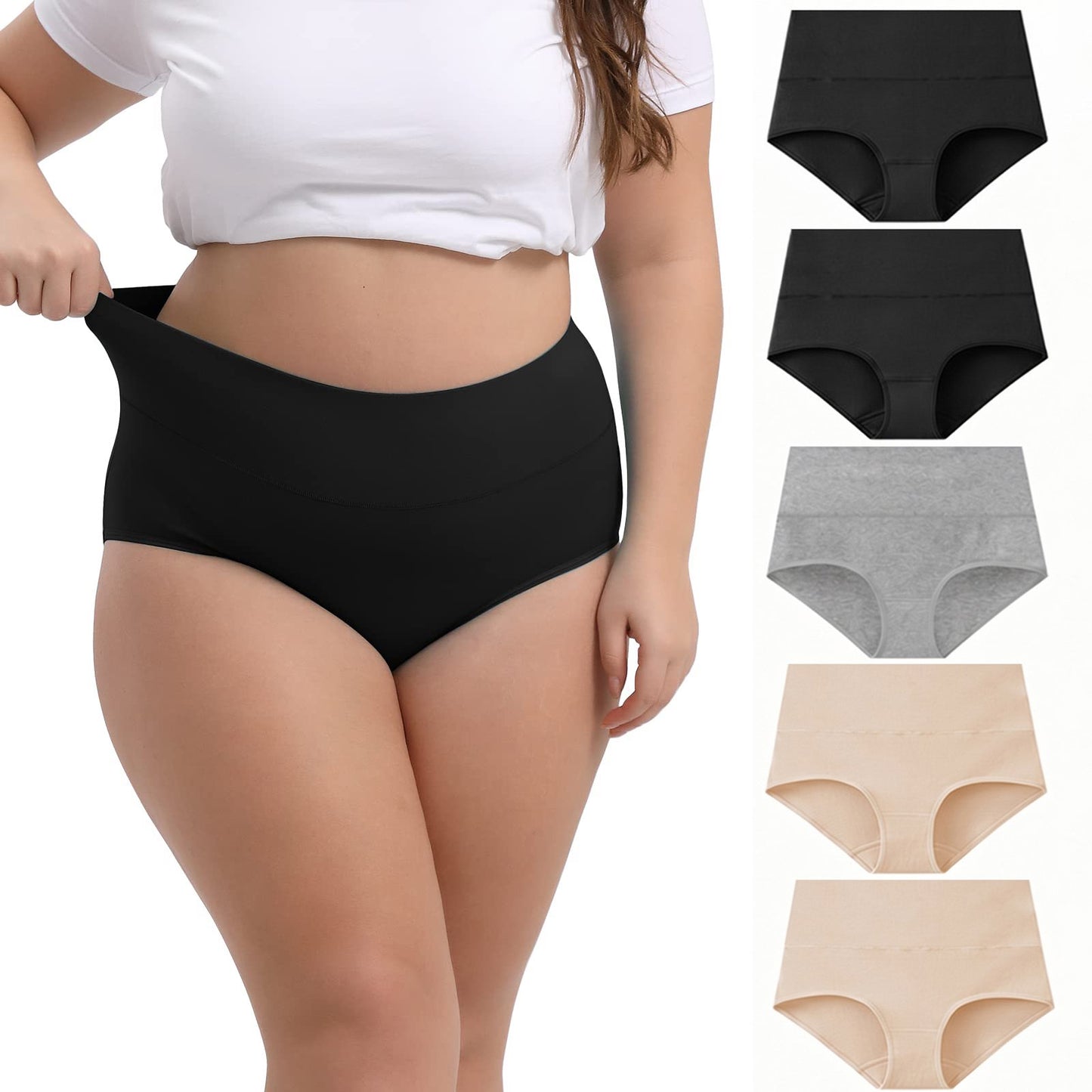 TieaTize 5 Pack Underwear for Women, High Waisted Cotton Underwear, Tummy Control Seamless Underwear, Soft Breathable Stretch Briefs Ladies Panties (Regular & Plus Size)