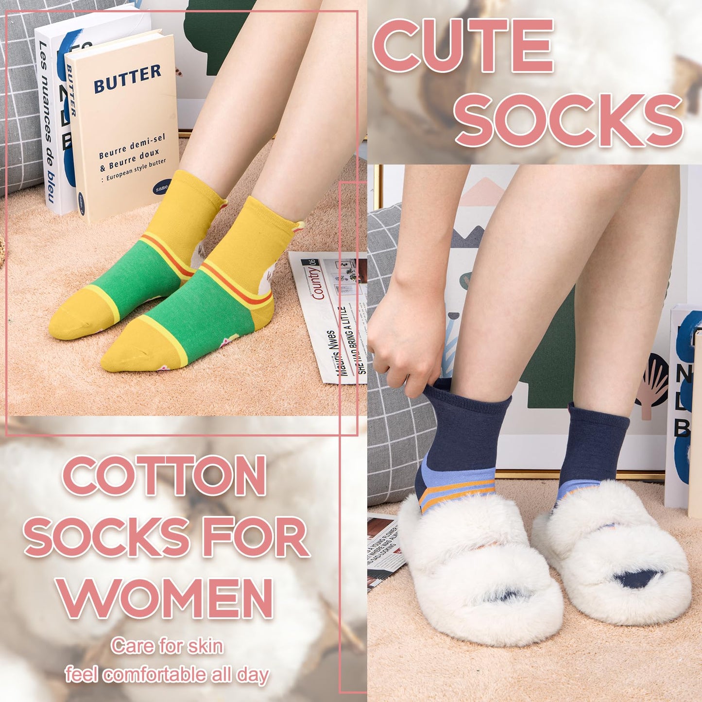 Heatuff 10 Pairs Womens Cute Socks, Cotton Crew Socks Cat Dog Cartoon Animal Print, Funny Novelty Soft Socks for Women Girl Gift