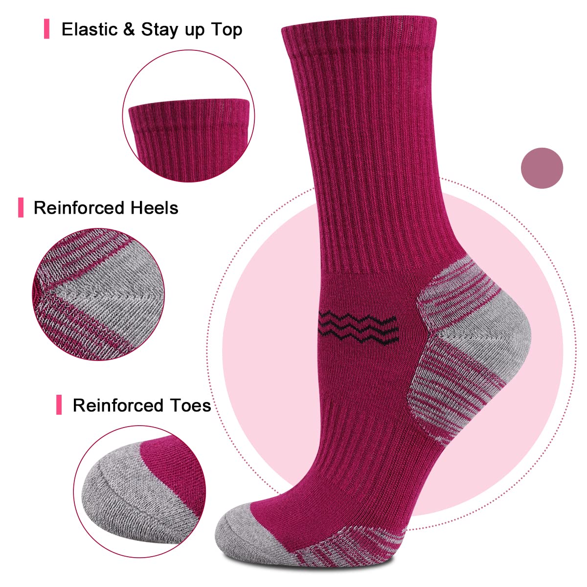 Heatuff Womens 6 Pack Hiking Crew Socks Performance Athletic Cushion Outdoor Trekking Sock